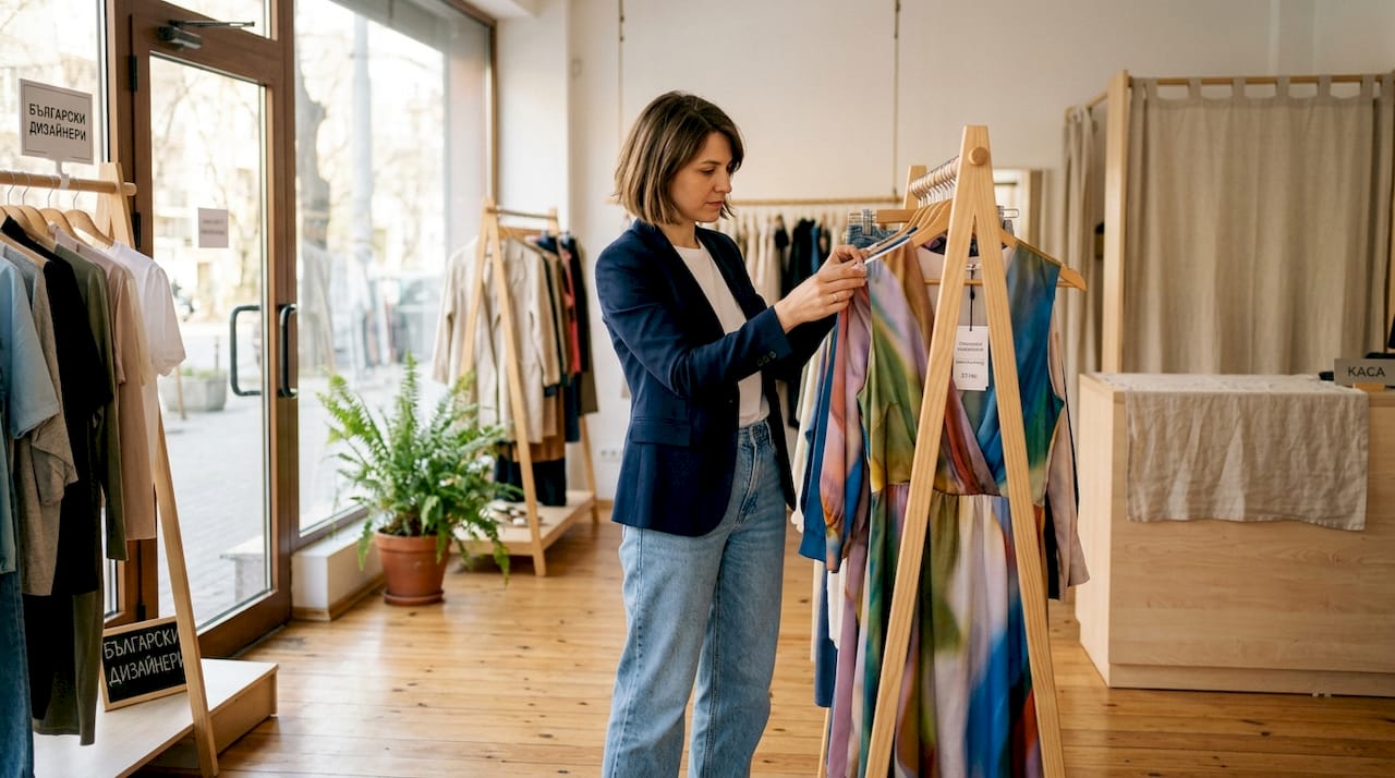 Жена внимателно разглежда качеството на рокля от българска марка, проверявайки детайлите и изработката.