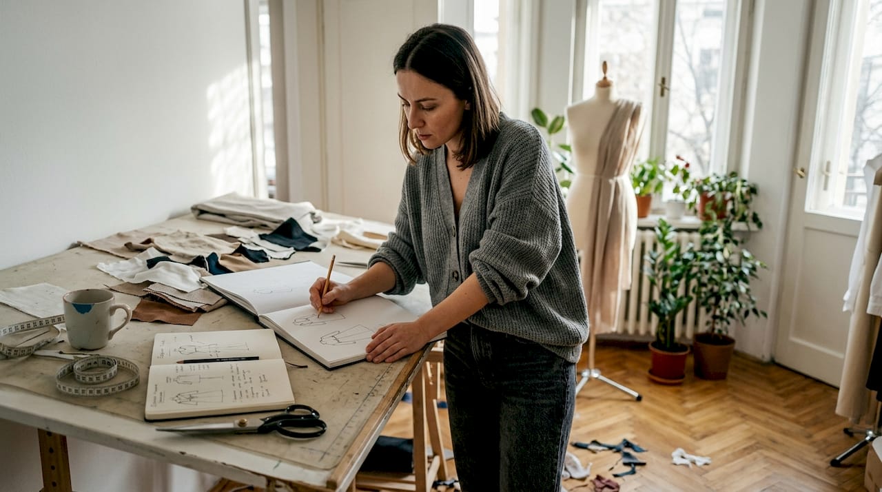Млад моден дизайнер рисува новите си скици в уютното си ателие у дома.