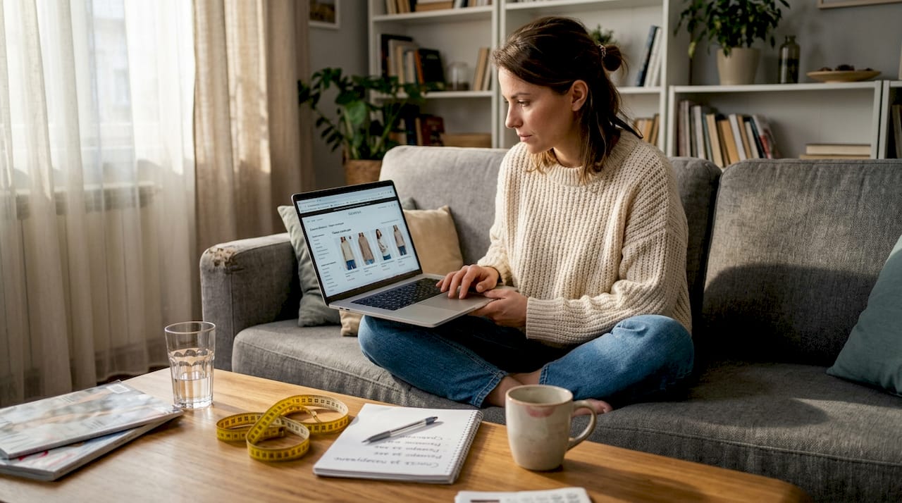 Жена разглежда и сравнява дрехи онлайн, удобно настанена у дома.