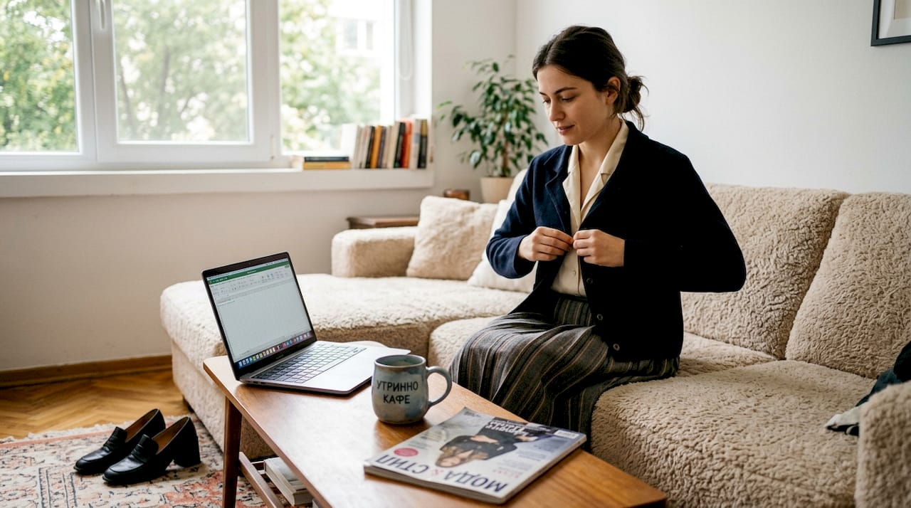 Елегантна жена, облечена в стилен дамски ансамбъл, се наслаждава на уютната атмосфера на дневната си.