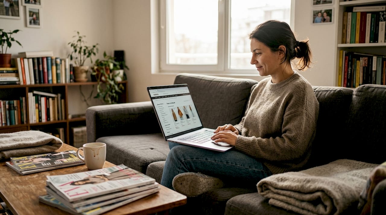 Жена разглежда и избира дрехи онлайн, докато си е вкъщи и се наслаждава на удобството да пазарува спокойно от дивана.