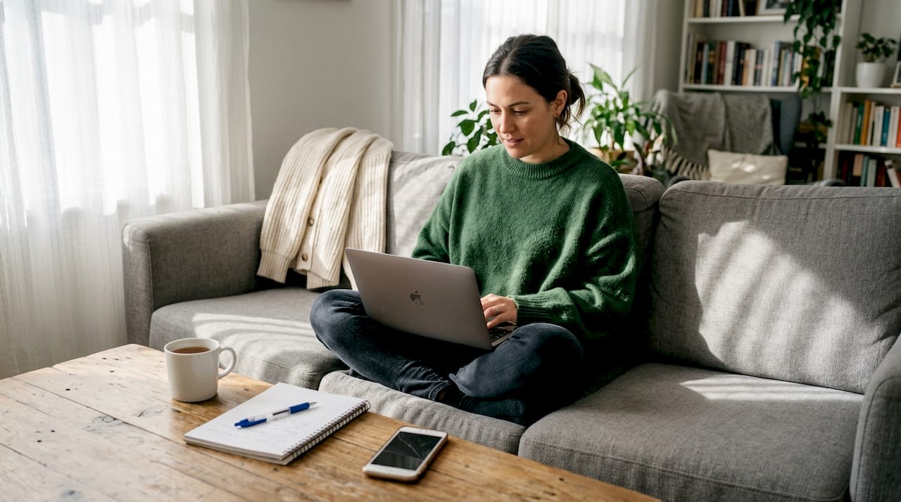 Жена разглежда дрехи онлайн и избира нови попълнения за гардероба си, докато си почива у дома.