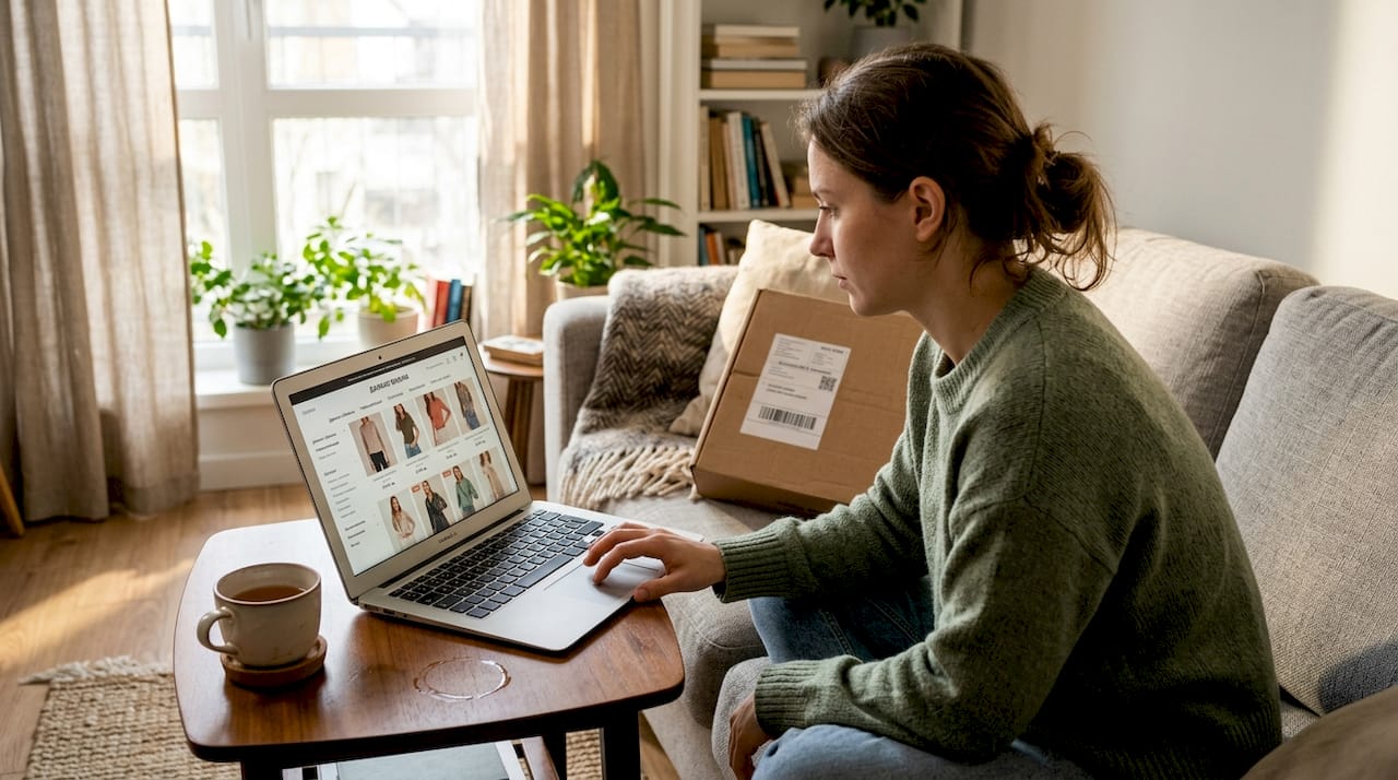Млада жена избира нови дрехи онлайн, докато си е удобно у дома.