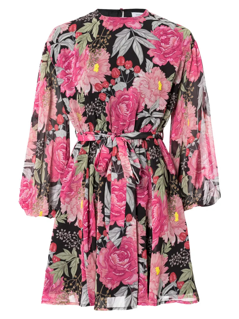 Дамска рокля с ефектен принт, бляскави детайли и колан за подчертаване на силуета - 7978672