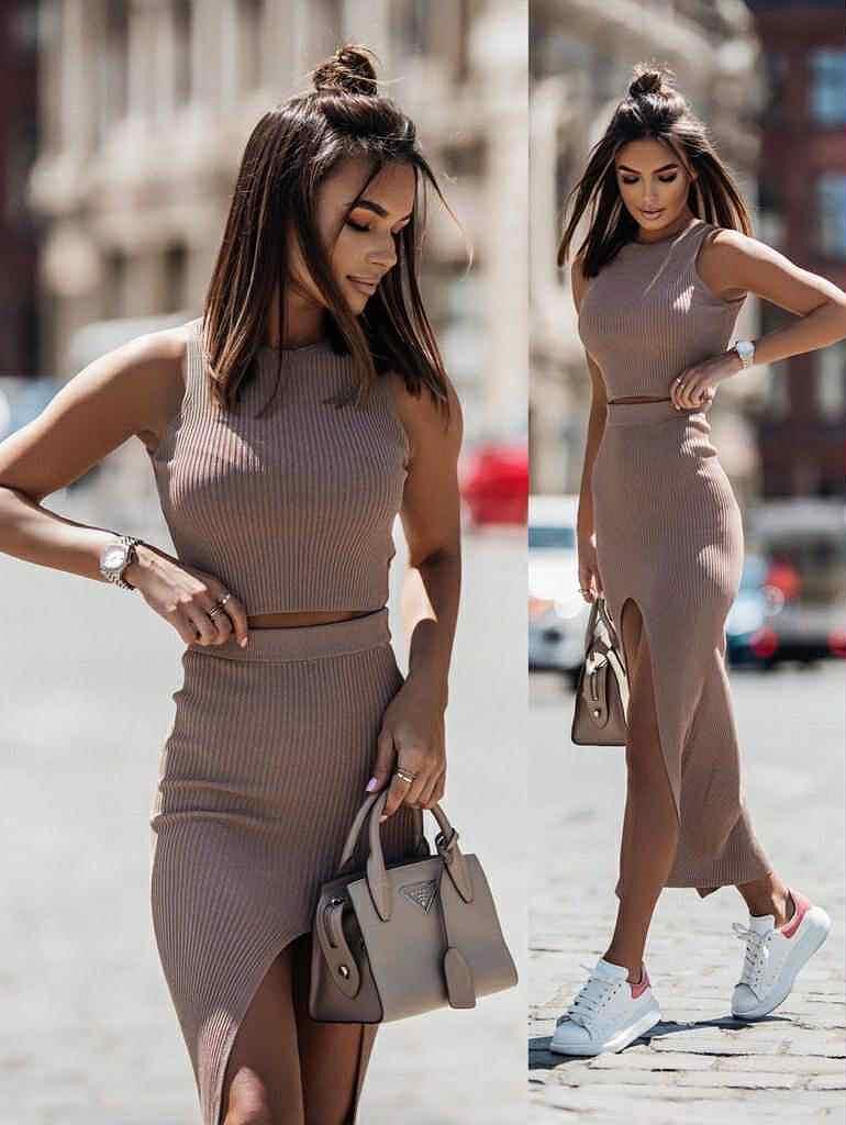 Изчистен дамски комплект в цвят капучино - 3015