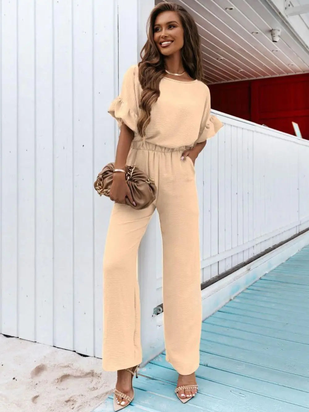 Стилен дамски комплект в бежово - 3393