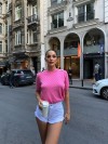 Дамска розова блуза с къс ръкав и декоративни копчета - 3214