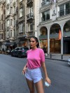 Дамска розова блуза с къс ръкав и декоративни копчета - 3214