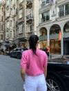 Дамска розова блуза с къс ръкав и декоративни копчета - 3214